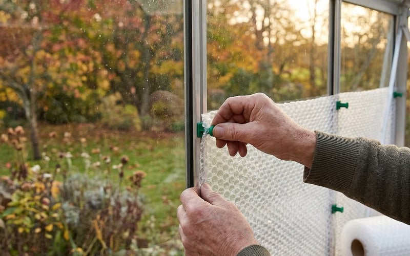Hands clipping bubble wrap insulation to the inside of an aluminium greenhouse frame in autumn