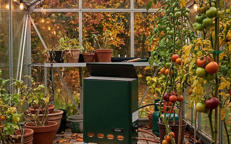 Eden 2kW propane greenhouse heater inside an aluminium greenhouse with late-season tomato plants in autumn