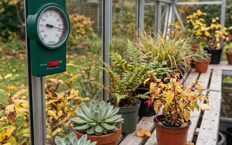 Vitavia max min thermometer mounted inside an aluminium greenhouse with autumn plants on the staging bench