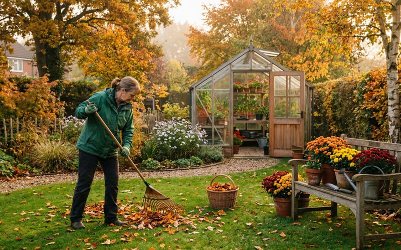 UK back garden in autumn with a greenhouse in the background and a gardener raking fallen leaves off a lawn