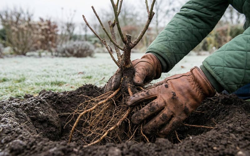 Gardener planting a bare-root rose in a winter garden border during December