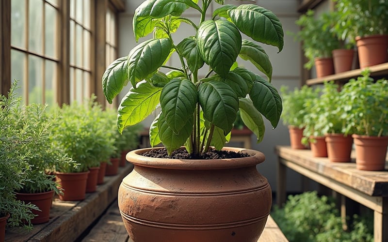 Basil herbs growing in a UK greenhouse