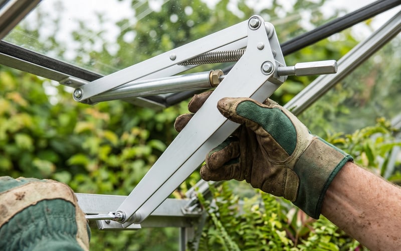 Gloved hands fitting a Bayliss MK7 automatic roof vent opener to the roof vent of a UK aluminium greenhouse with the triangular linkage visible