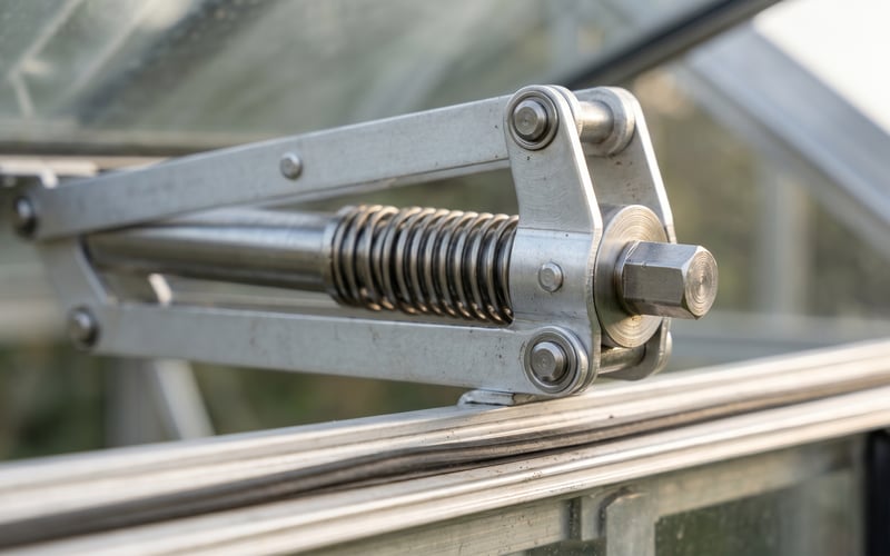 Macro close-up of the spring-wrapped wax cylinder inside a Bayliss MK7 automatic vent opener mounted on a UK greenhouse glazing bar