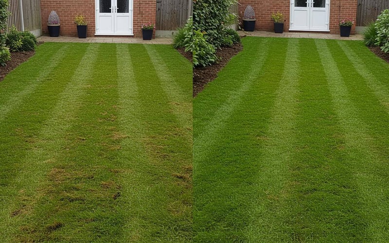 Before and after photos showing UK lawn scarifying results - moss and thatch removal with healthy green grass recovery.