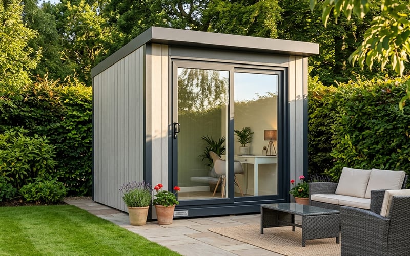 Calmpod 8x8 insulated garden building in a UK garden with patio and outdoor furniture