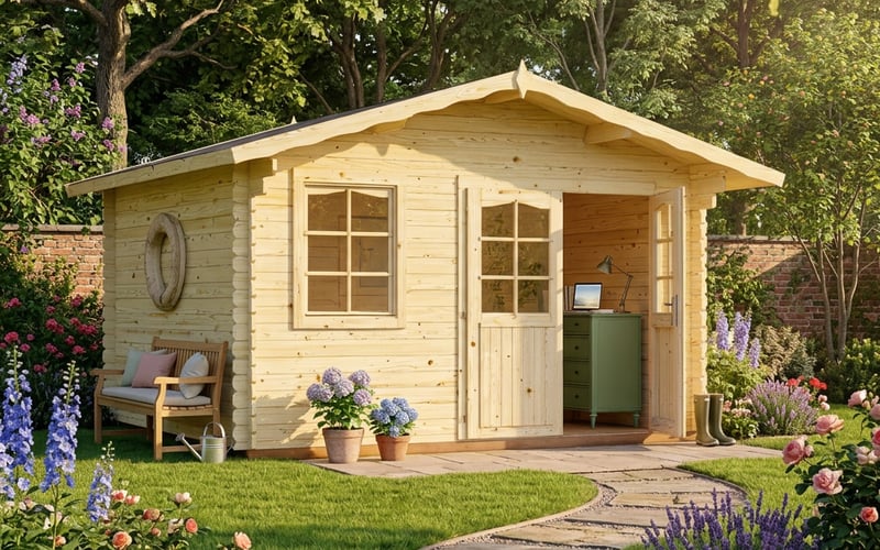 Palmako Emma 3.6 x 3m log cabin set up as a garden retreat in a UK garden
