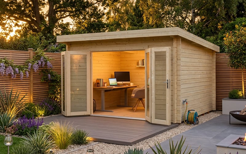 Palmako Lea 4.5 x 4m pent log cabin used as a modern garden office in a UK garden