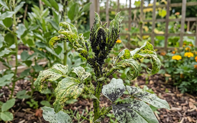 Distorted curled leaves and stippled growing tips of a broad bean plant heavily infested with black bean aphid showing the colony at the top of the stem and dark sooty mould on lower leaves