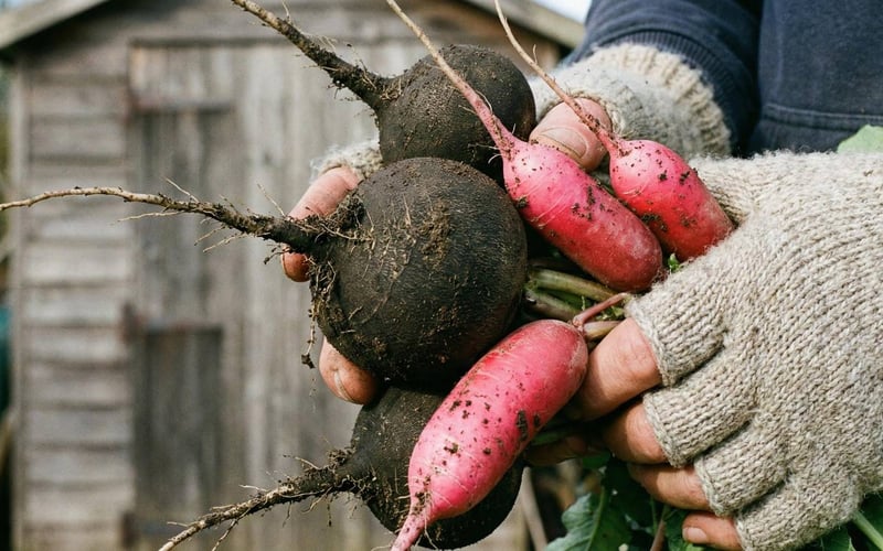 A gardener holding a bunch of harvested Black Spanish and China Rose radishes.