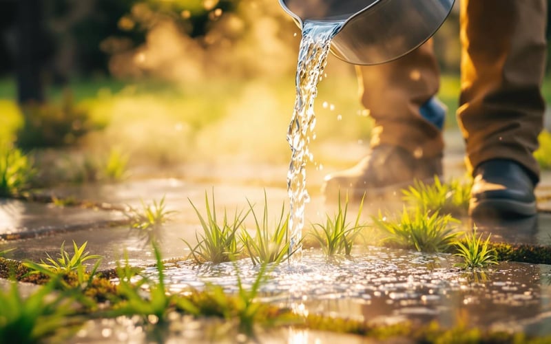 Boiling water being poured on driveway weeds as natural vinegar-free homemade weed killer alternative method