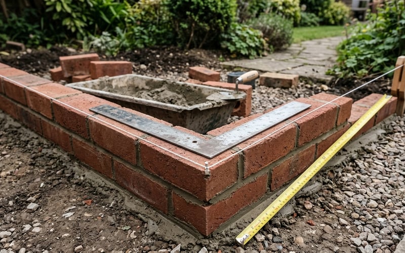 Builder's square at the corner of a brick course with a fresh string line set at 90 degrees