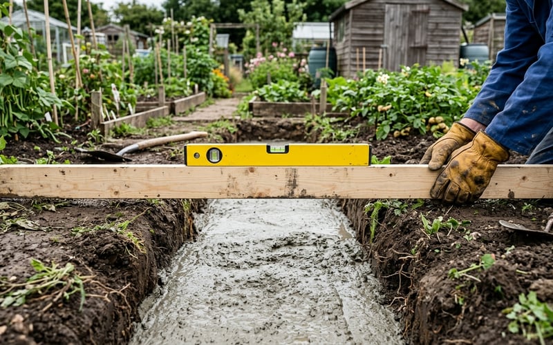 Builder levelling wet concrete in a footing trench with a timber straightedge and spirit level