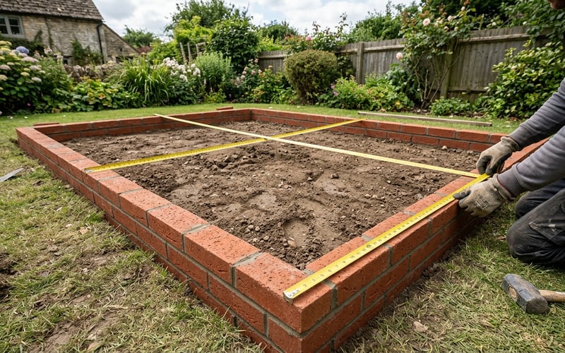 Tape measures stretched across both diagonals of a rectangular brick plinth perimeter to check for square