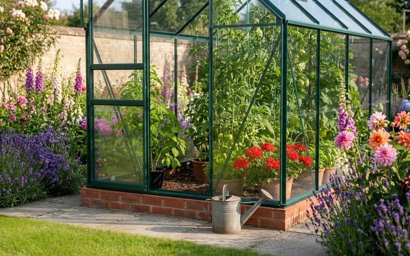 Completed single-course brick plinth supporting a Vitavia Venus greenhouse in a UK garden
