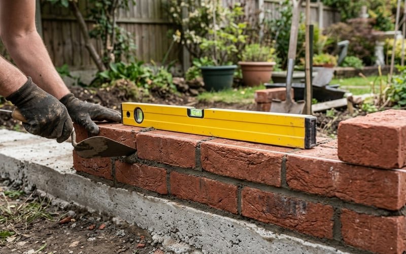First course of bricks laid on a concrete footing with a string line stretched between corners