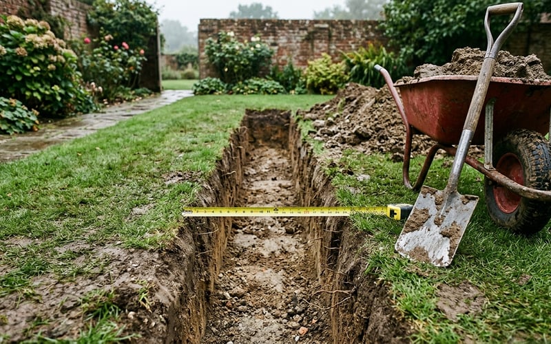 Footing trench dug to 210mm wide and 100mm deep marked out on a UK garden lawn