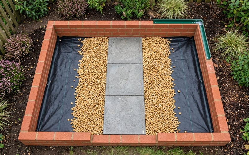 Completed brick plinth base with weed membrane, central paver walkway and gravel infill ready for greenhouse assembly