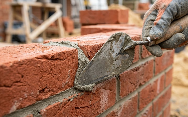 Close-up of a pointing trowel finishing mortar joints between solid bricks on a greenhouse plinth