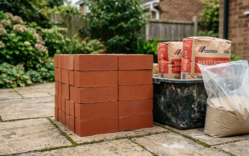 Stacked solid engineering bricks beside a mortar mixing tub with sand and cement bags