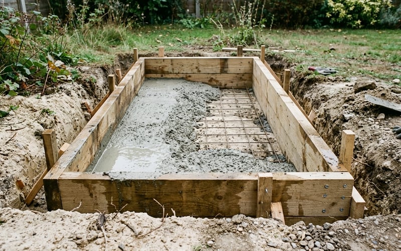 Timber shuttering boards installed inside a footing trench in sandy UK garden soil