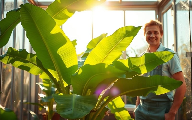 Bright sunlit greenhouse filled with large tropical banana plants and broad leaves.