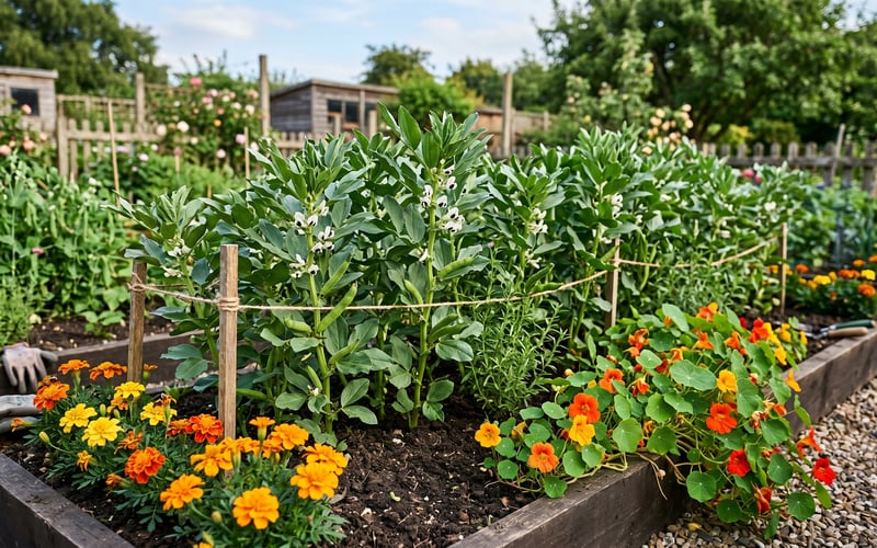 Row of healthy broad bean plants in a UK kitchen garden with French marigolds at the row ends, summer savory between plants and nasturtiums at the front, all pest-free