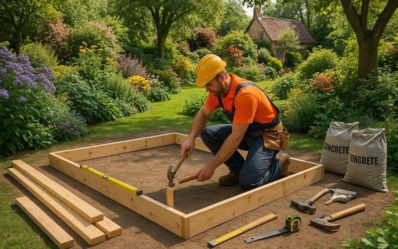 man assembling wooden shuttering in a traditional English cottage garden, preparing to pour concrete for a greenhouse base.