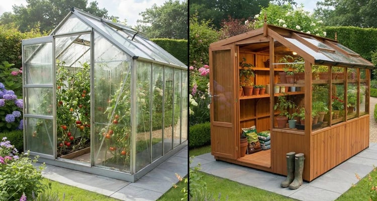 Side by side comparison showing a silver aluminium greenhouse next to a warm wooden Swallow potting shed in a UK garden.