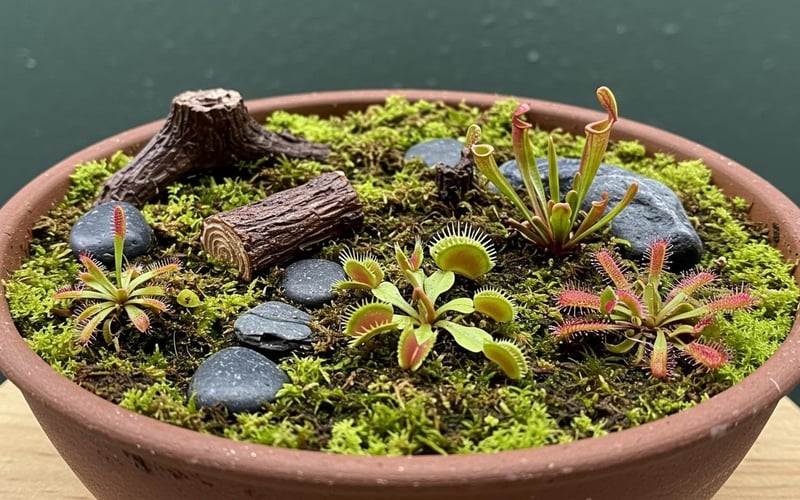 Carnivorous plants including Venus flytraps and pitcher plants in greenhouse bog garden display.
