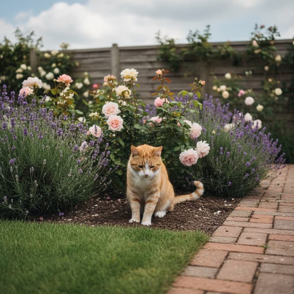 Tabby cat sitting in a UK cottage garden flower bed between roses and lavender