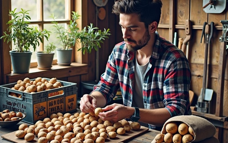 Seed potatoes 'chitting' in egg boxes on a windowsill ready for planting