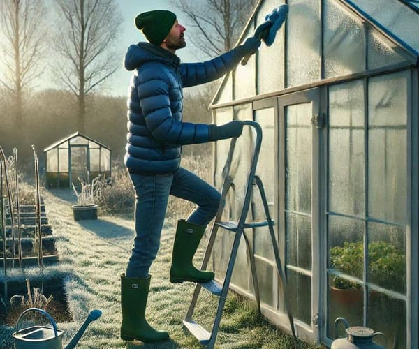 Cleaning greenhouse glass with a soft sponge and soapy water