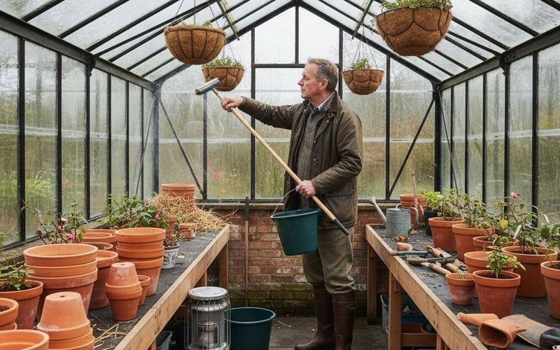 Cleaning greenhouse October winter preparation UK glass panels bubble wrap insulation
