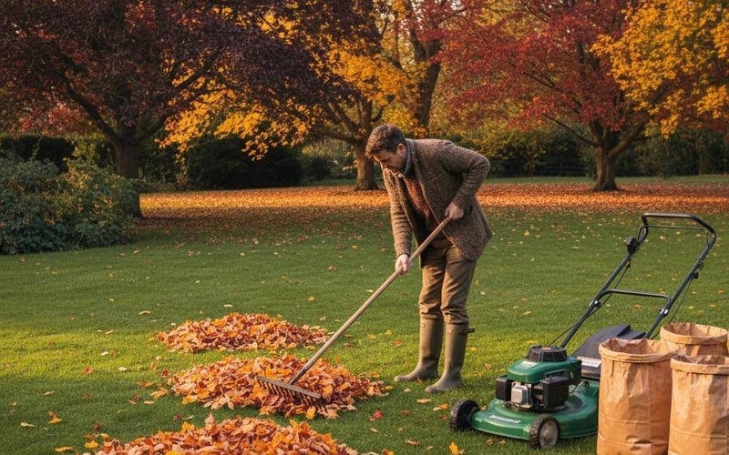 Clearing fallen autumn leaves lawn care October UK garden maintenance