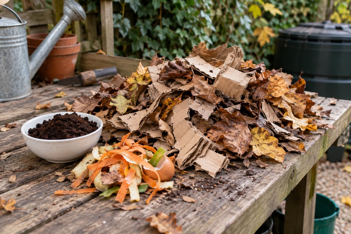 Coffee grounds beside dry leaves, torn cardboard and vegetable peelings