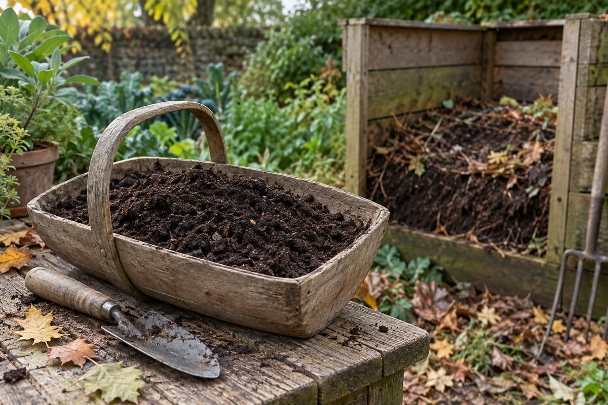 Mature crumbly garden compost in a trug beside a compost bay