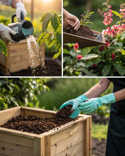 Different methods of applying coffee grounds to plants showing composting mulching and liquid fertilizer techniques