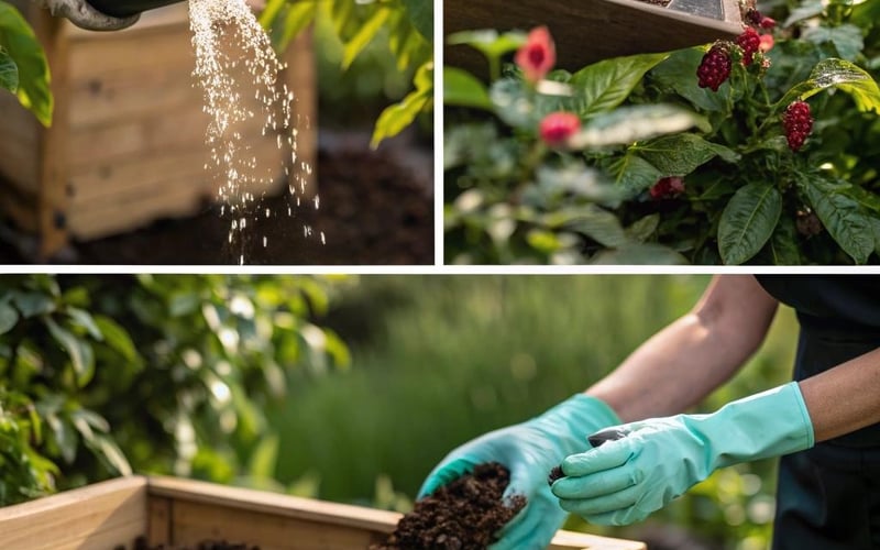 Different methods of applying coffee grounds to plants showing composting mulching and liquid fertilizer techniques