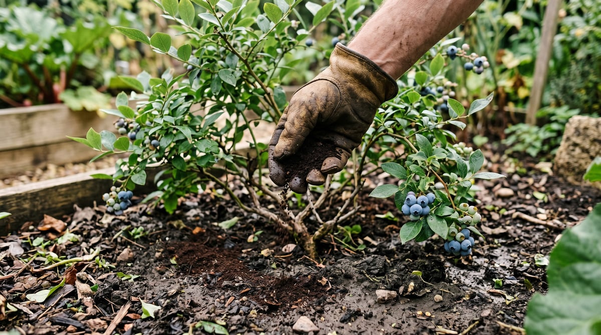 UK gardener sprinkling a thin layer of used coffee grounds around the base of a blueberry bush in a raised bed
