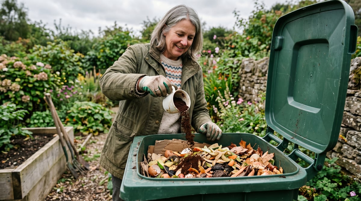 UK gardener tipping a jug of used coffee grounds into a garden compost bin layered with cardboard, vegetable peelings and dried leaves