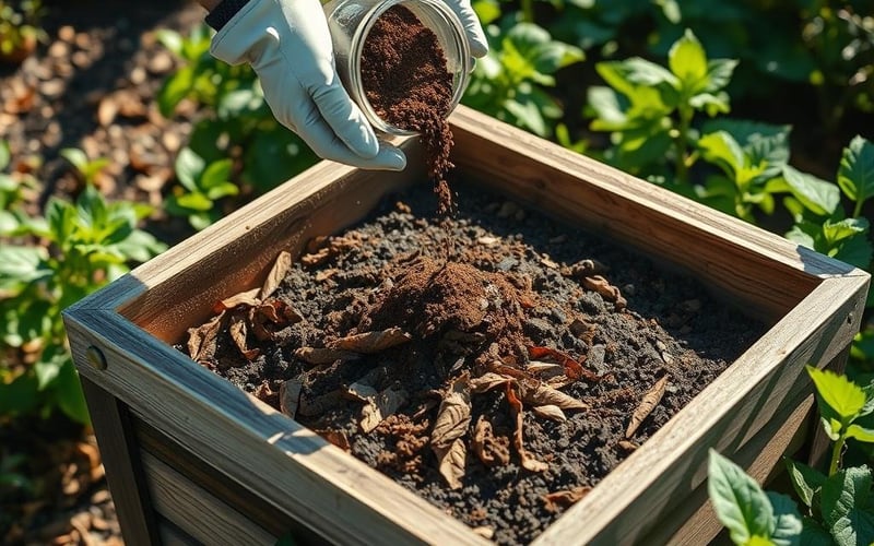 Coffee grounds being added to compost bin showing proper composting method for garden plants