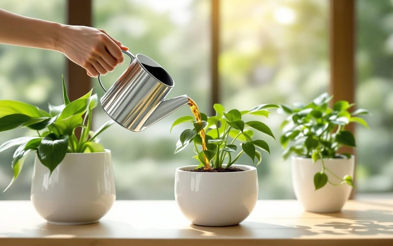 Coffee ground liquid fertilizer being applied to indoor houseplants including peace lily and pothos