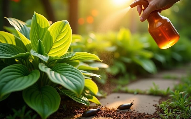 Coffee grounds controlling slugs in garden showing hosta plants protected from pest damage
