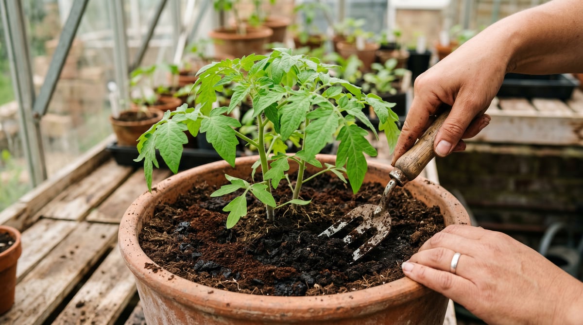 Hand using a wooden hand fork to mix a thin layer of used coffee grounds into the top of a terracotta pot containing a young tomato plant inside a UK greenhouse