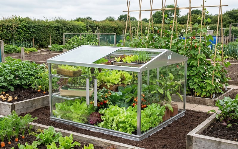 Access aluminium cold frame on an allotment surrounded by raised beds