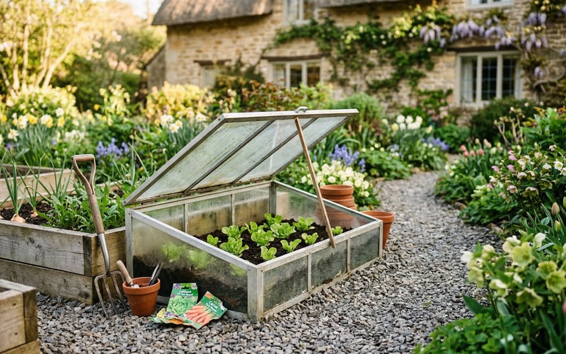 Cold frame in a UK cottage garden with seedlings growing inside