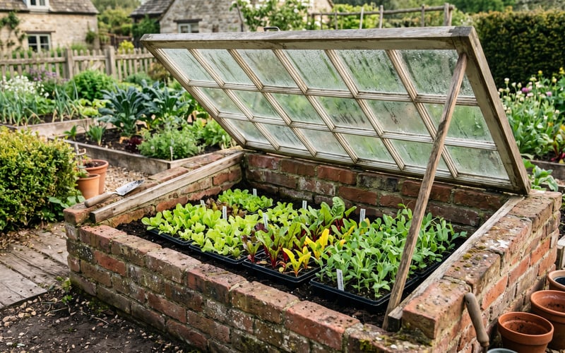 Traditional UK cold frame with brick walls and old glazed sashes for the lid open at 45 degrees showing rows of seed trays of lettuce, chard and peas inside in spring morning light