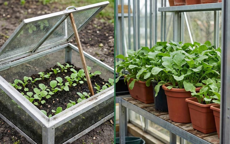 A side-by-side view of winter radishes growing in an aluminium cold frame and a small greenhouse.