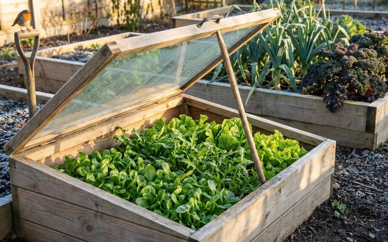 Wooden cold frame filled with thriving winter salad leaves protected from December frost in a UK vegetable garden